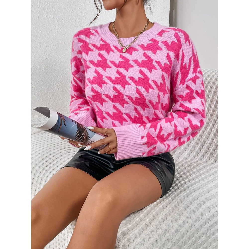 Houndstooth Pattern Drop Shoulder Sweater hot pink preppy y2k - Picture 5 of 6